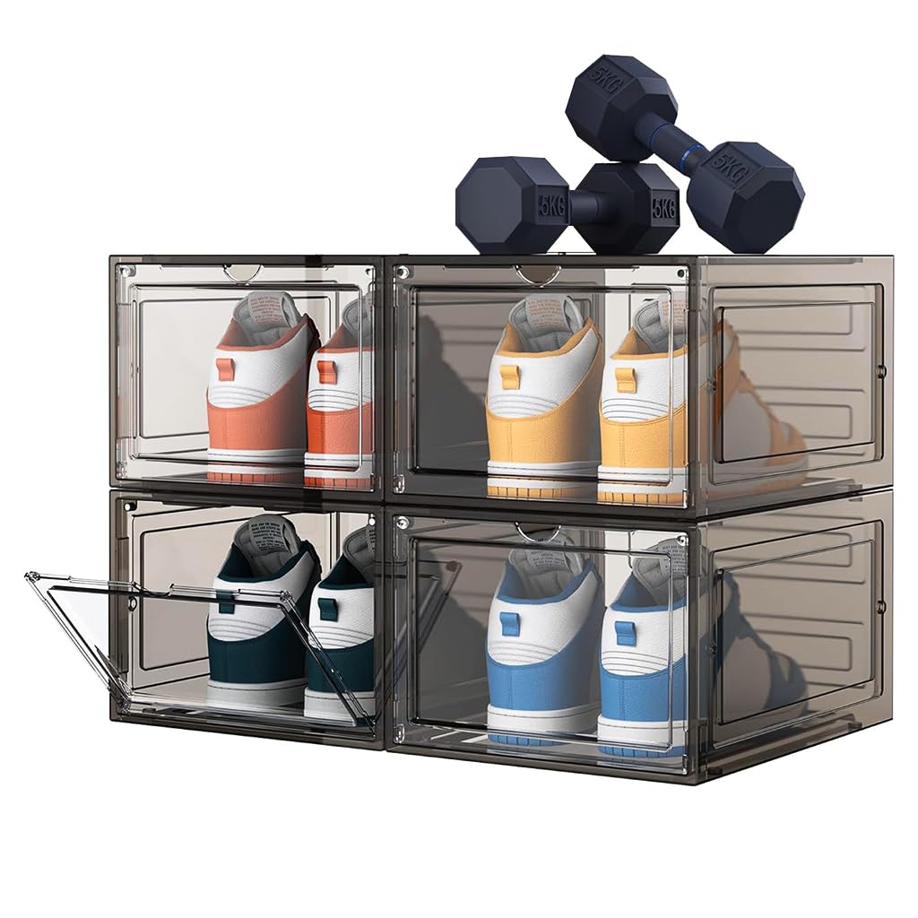 HANNEA 4 Packs Shoe Box Plastic Shoe Storage Separate Shoe Box with Magnet Door Stackable Shoe Organizer Universal Size Sneaker Shoe Box for Men Shoes Box for Women, 27x34x19cm HANNEA 4 Packs Shoe Box Plastic Shoe Storage Separate Shoe Box with Magnet Door Stackable Shoe Organizer Universal Size Sneaker Shoe Box for Men Shoes Box for Women, 27x34x19cm